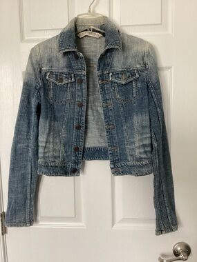 Express Light Blue Washed Denim Jacket with Leopard Lining